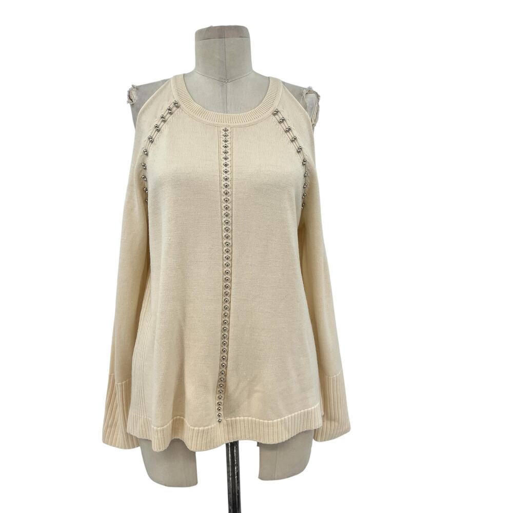 Ramy Brook Maya Sweater Cold Shoulder Beaded Long Sleeve Cream White Size Medium